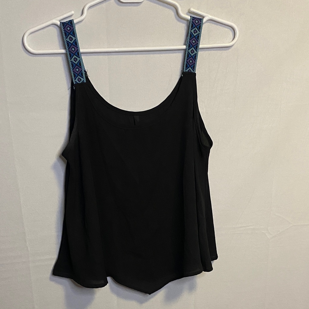 B Jewel Black Tank Top With Patterned Blue Straps
